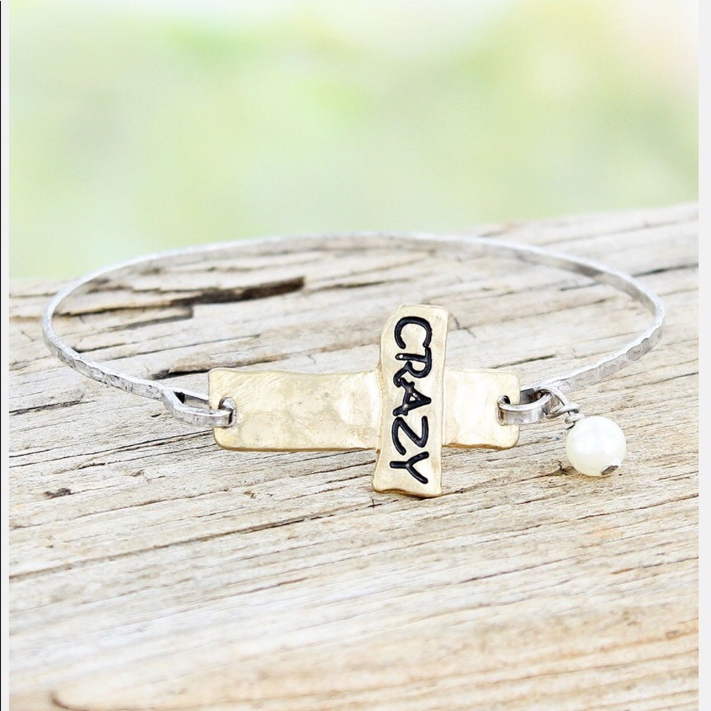 TWO-TONE CRAZY CROSS CHARM BANGLE Bracelet Silver